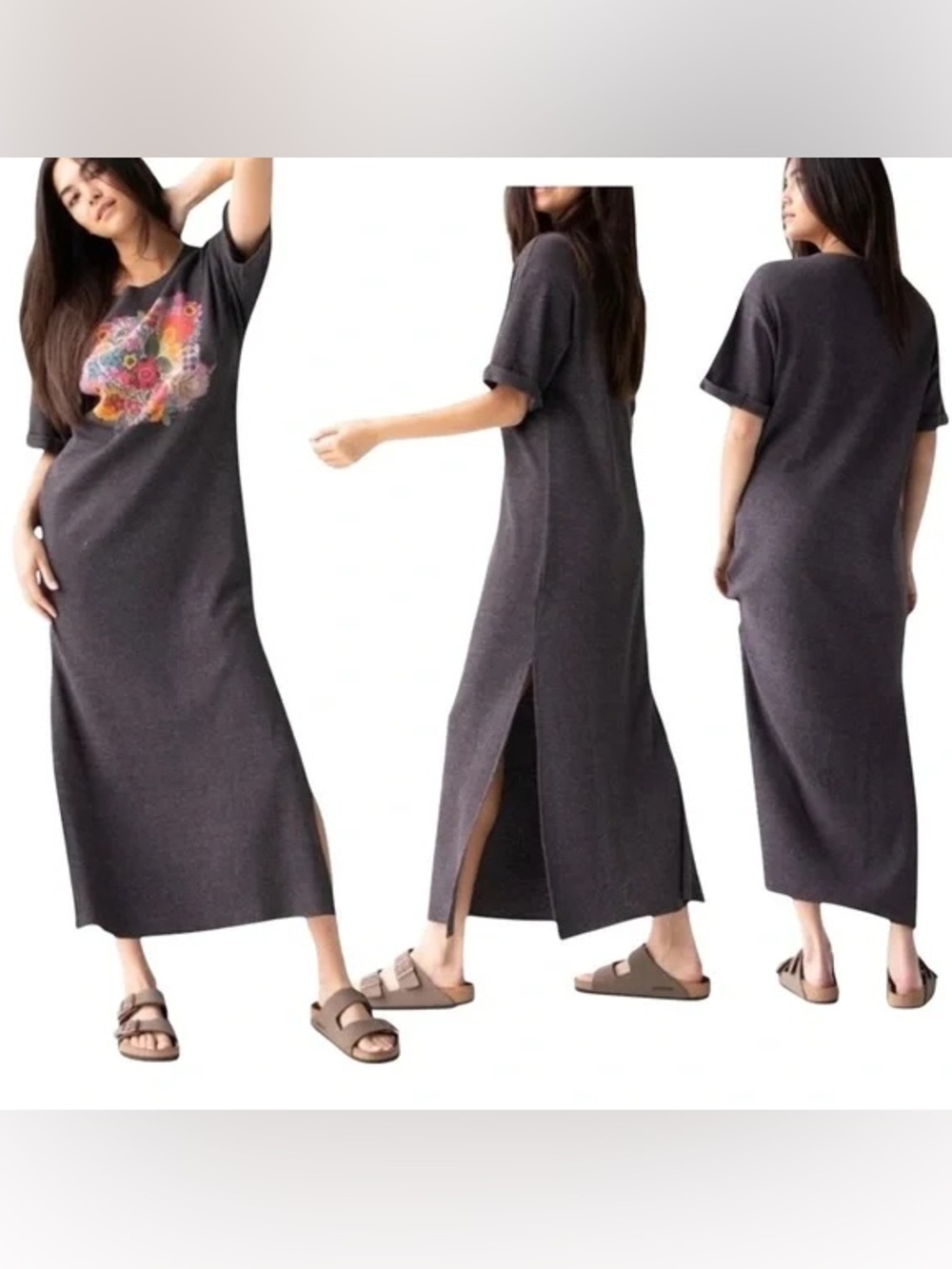 Natural Life Waffle Knit Graphic Print Long Maxi Dress Womens M Cottagecore